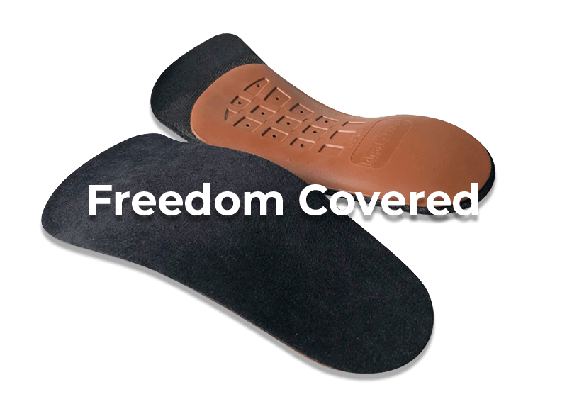 Orthopedic insoles with 'Freedom Covered' text