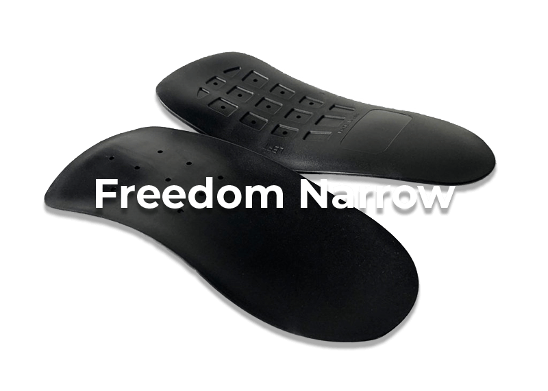 Black orthotic insoles labeled Freedom Narrow